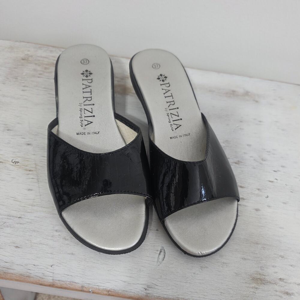 Patrizia by Spring Step Womens Black Patent Wedge Slide Sandals Size 37 6.5
